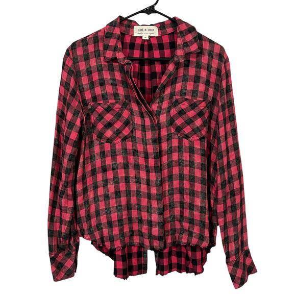 Anthropologie Cloth & Stone Plaid Shirt Medium Black Red Frayed Hem Split Back - Picture 1 of 10